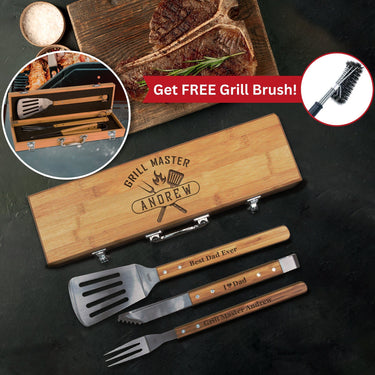 Personalized Bamboo Grill Set 3 Piece BBQ Tool Set